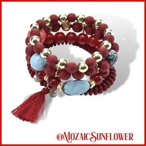 Handmade 4 Piece Red and Multicolor Bead Adjustable Bracelet Set